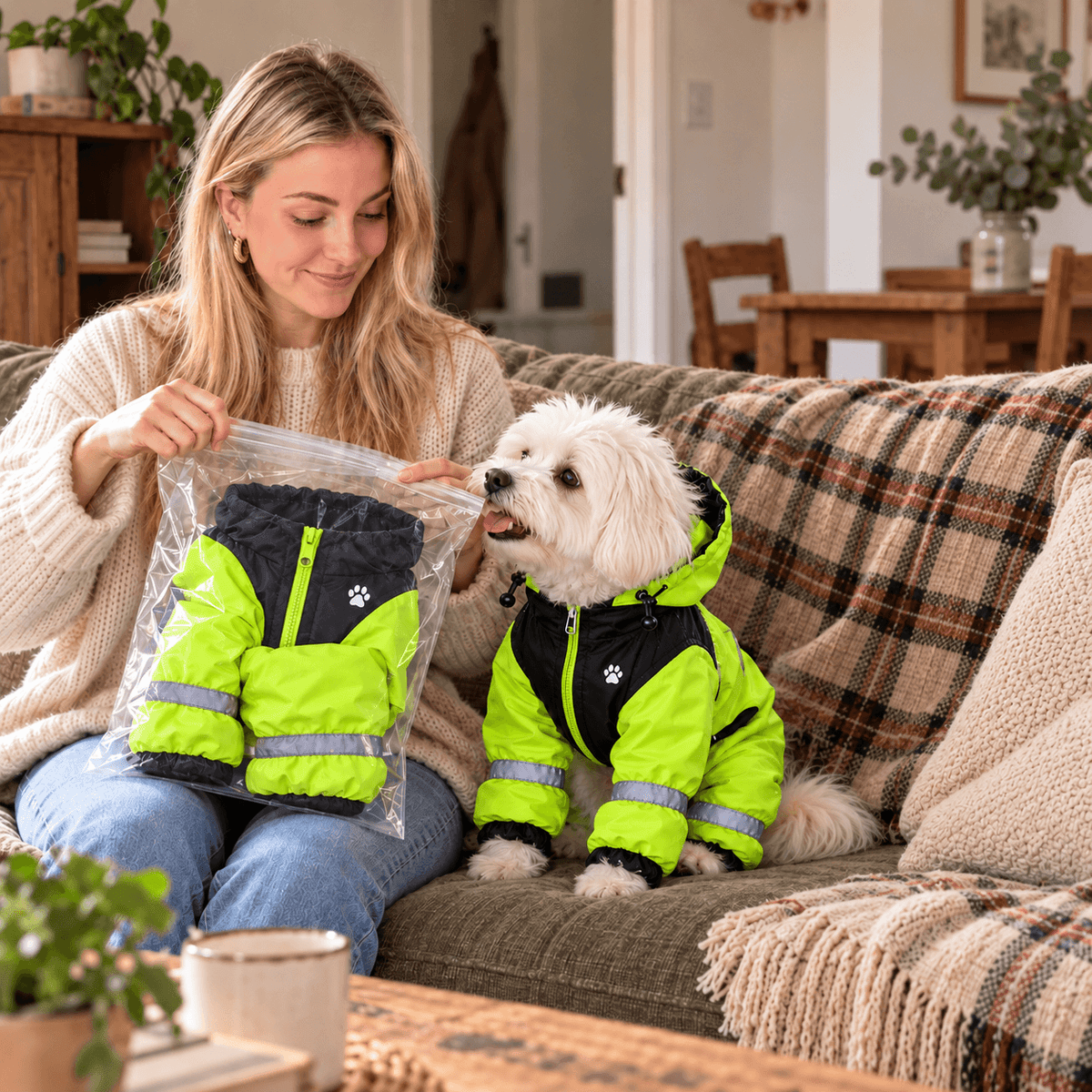 Mujer y perro con impermeables